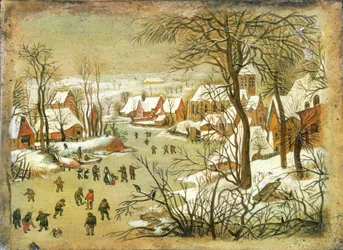 Paisaje de invierno con figuras en un río congelado